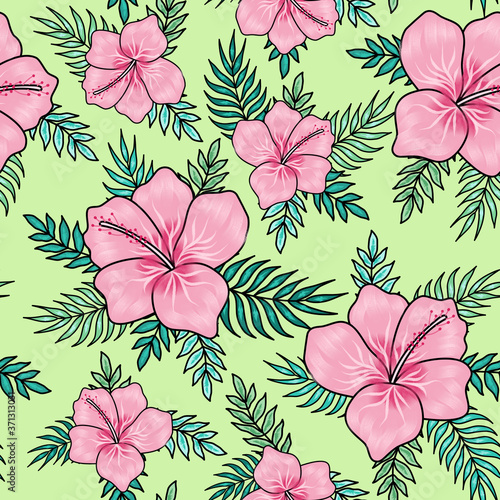 Pink hibiscus flowers with palm tree leaves seamless pattern on pink background. Great for spring and summer wallpaper, backgrounds, invitations, packaging design projects textile.
