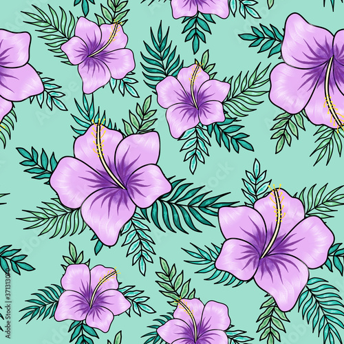 Violet hibiscus flowers with palm tree leaves seamless pattern on turquoise background. Great for spring and summer wallpaper, backgrounds, invitations, packaging design projects textile