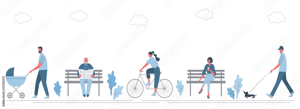 Summer people activities in park. Men and women are resting: ride a bicycle, walk with a stroller, read a newspaper, drink coffee, walk a dog. Healthy lifestyle concept. Flat style. Vector