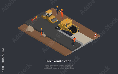 Vector Illustration Of Road Construction Concept. 3D Isometric Composition With Street Machinery In Working Process. Cartoon Style Male Characters Wearing Orange Uniform, Superior In Suit. Street Sign