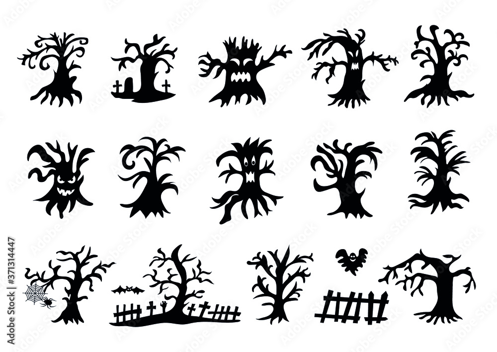Scary trees design, Halloween characters icons set. Vector illustration.