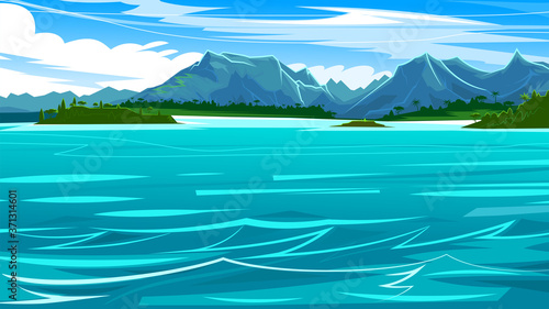 Ocean view of the waterline. Seashore with mountains, jungles and beaches. Horizon. Blue water surface, calm azure waves. Vector background illustration. Flat style.