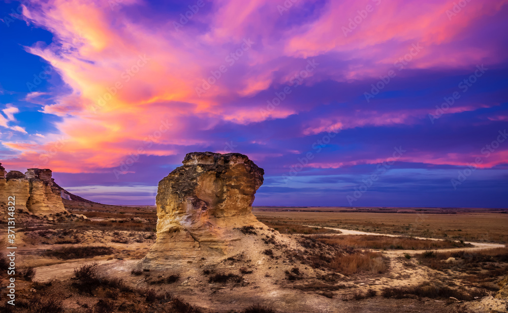 Spectacular Sunset and the Limestone Formations at the Castle Rock State Park, Kansas USA