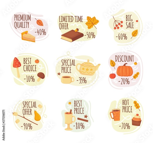 Cartoon autumn sale labels. Cozy fall symbols, marshmallow, cup of cocoa, mulled wine, apple, leaves, cinnamon, berries and rowan. Stock vector in flat style isolated on white background.