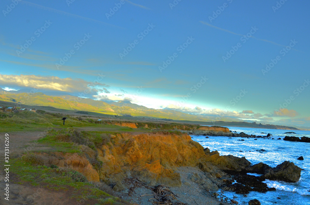 Landscape or seascape photo of beautiful and dramatic California central coast Moro Bay to Big Sur colorful, interesting changing terrain, top travel area and majestic, scenic drive Pacific Ocean.