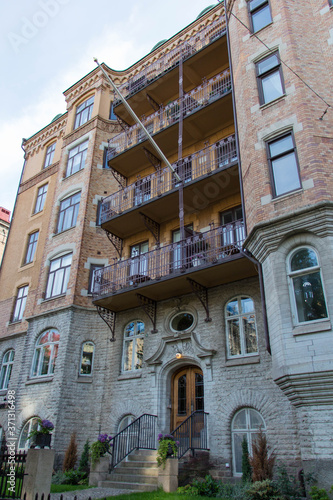 Gothenburg, Sweden - June 16 2019: the view of building facade on a typical street on June 16 2019 in Gothenburg, Sweden.