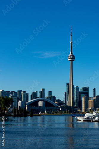 View of downtown Toronto including the CN Tower from lake Ontario