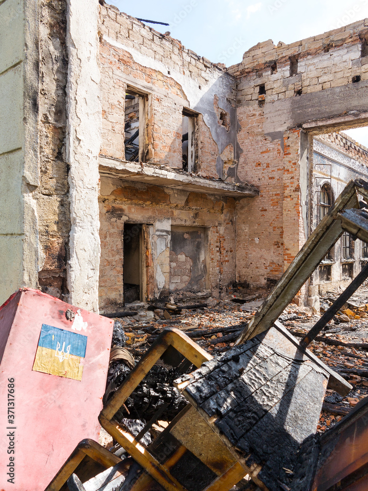 The fire damaged interior details in the old house. Antique hall after