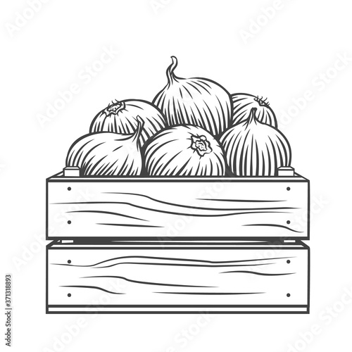 onion bulbs in wooden crate