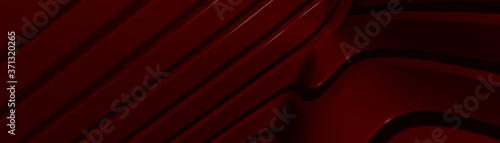 Ultra wide 3D illustration of a geometrical shape of MAROON color on a white abstract background as a curved and glossy surface with direct light reflection for red and design