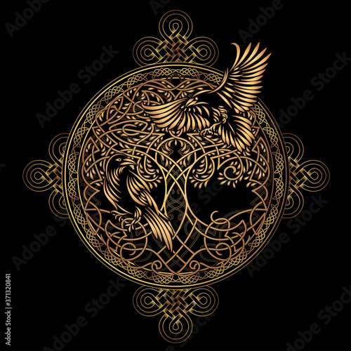 Celtic sacred symbols - Yggdrasil tree of life and totem birds raven Huginn and Muninn ravens of Odin