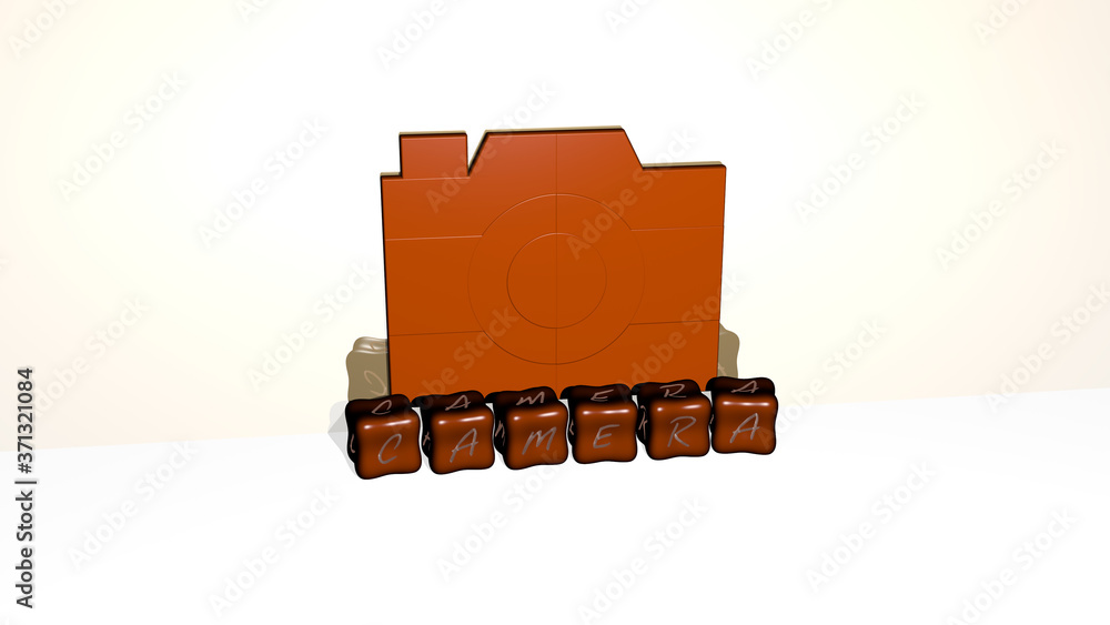 Obraz premium 3D illustration of camera graphics and text made by metallic dice letters for the related meanings of the concept and presentations for background and beautiful