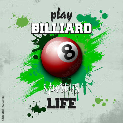 Billiard ball icon. Play billiard. Sport is life. Pattern for design poster, logo, emblem, label, banner, icon. Billiard template on isolated background. Grunge style. Vector illustration