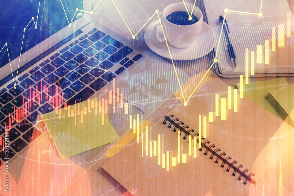 Multi exposure of forex graph drawing and desktop with coffee and items on table background. Concept of financial market trading Multi exposure of forex graph drawing and desktop with coffee and items on table background. Concept of financial market trading