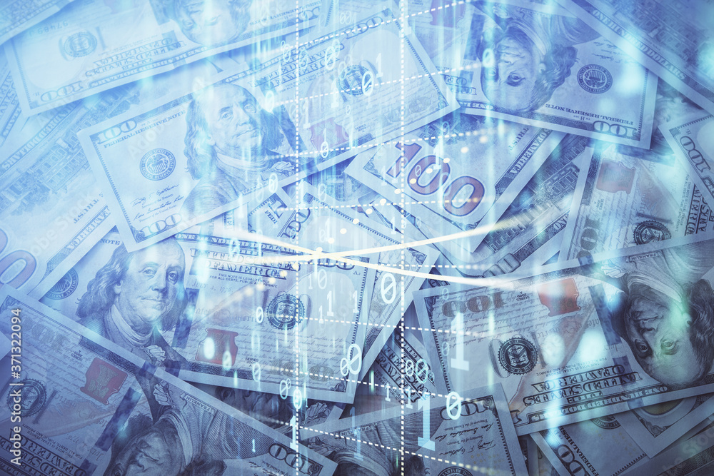 Double exposure of data theme drawing over us dollars bill background. Technology concept. Double exposure of data theme drawing over us dollars bill background. Technology concept.