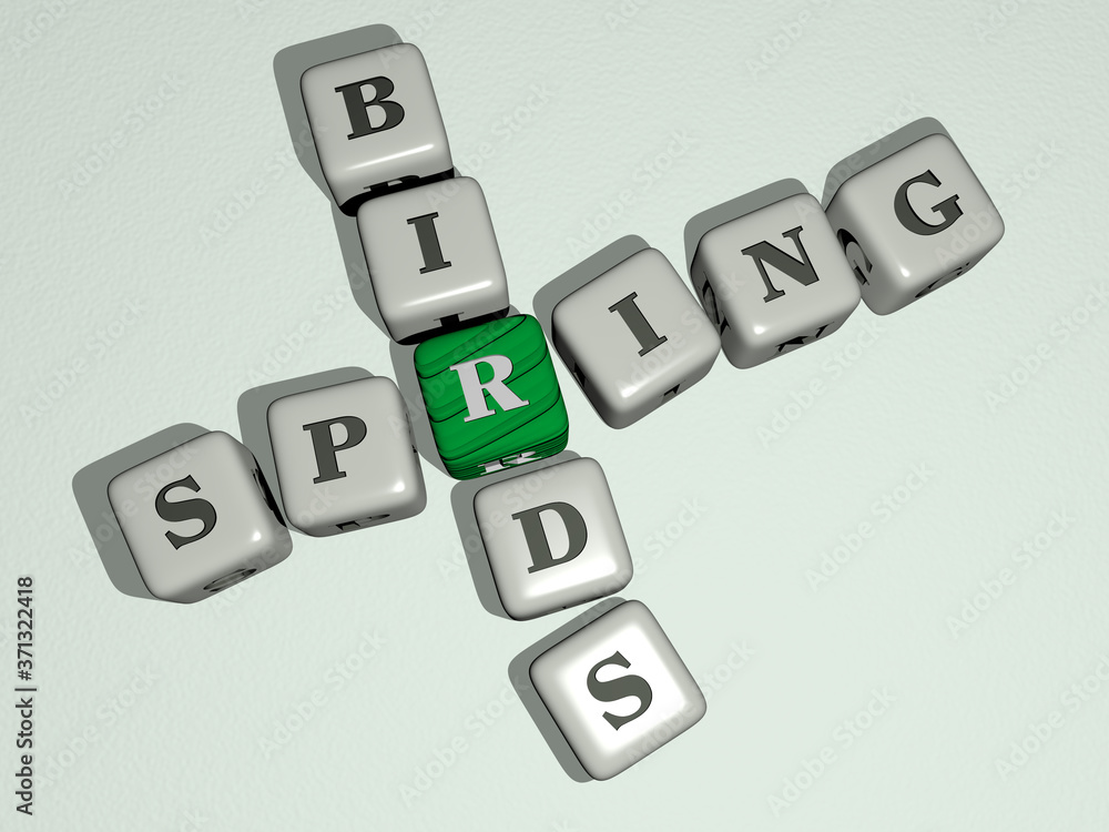 SPRING BIRDS crossword by cubic dice letters - 3D illustration for background and beautiful SPRING BIRDS crossword by cubic dice letters - 3D illustration for background and beautiful