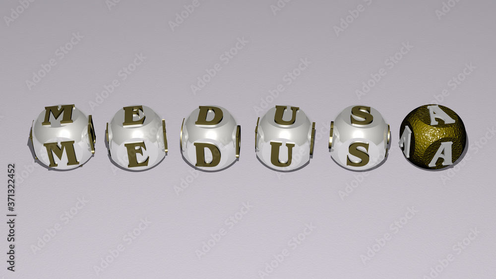 MEDUSA text by cubic dice letters - 3D illustration for jellyfish and background MEDUSA text by cubic dice letters - 3D illustration for jellyfish and background