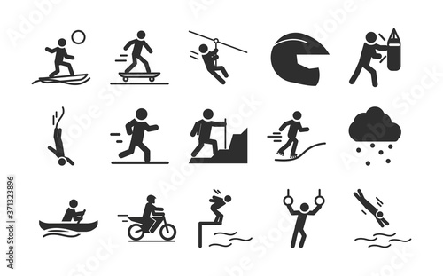 extreme sport active lifestyle surfing skate kayaking motocross silhouette icons set design