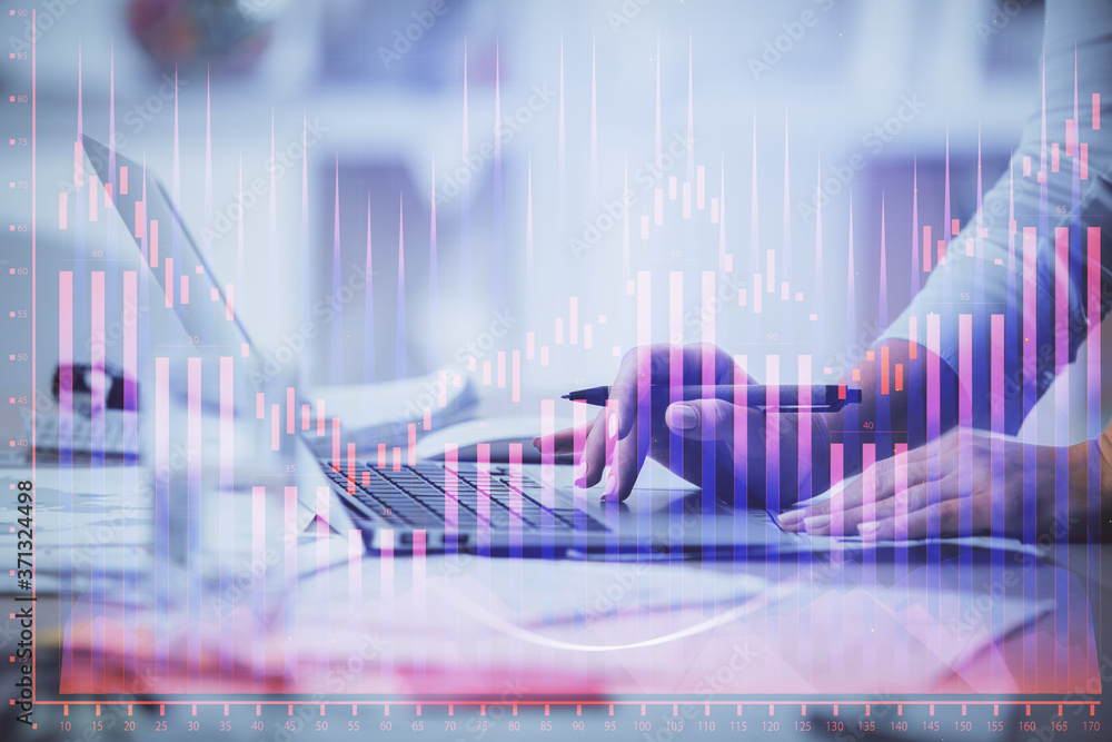 Double exposure of woman hands typing on computer and forex chart hologram drawing. Stock market invest concept. Double exposure of woman hands typing on computer and forex chart hologram drawing. Stock market invest concept.