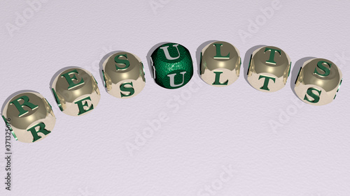 results curved text of cubic dice letters - 3D illustration for business and concept