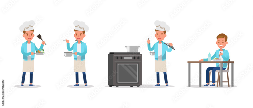 the boy is cooking and eating food character vector design. the boy is cooking and eating food character vector design.