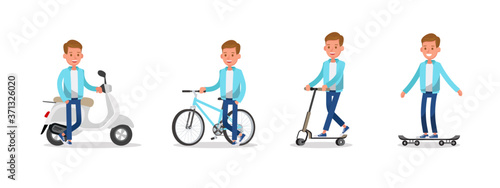 teen boy riding motorcycles, bicycles, skateboards and scooters character vector design.