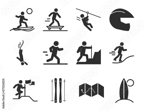 extreme sport active lifestyle skater runner climbing surf silhouette icons set design