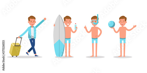 teen boy travel on the beach, playing sport and activity character vector design.