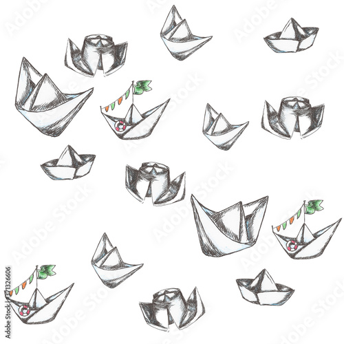 Paper boats. Seamless pattern hand drawing graphics and watercolors. Suitable for printing on clothing  stationery and gift items.