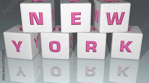 alphabetic NEW YORK arranged by cubic letters on a mirror floor, concept meaning and presentation in 3D perspective for background and illustration