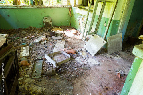 Abandoned House Interior In Chernobyl.Chernobyl radioactive contamination. Consequences of looting and vandalism after an explosion. People left city during disaster