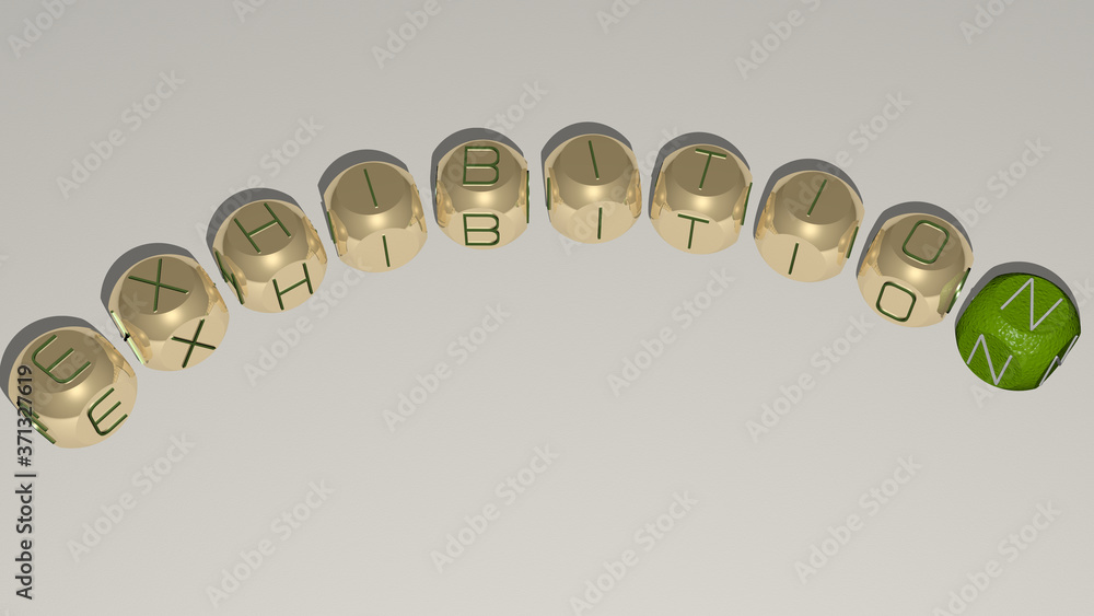 EXHIBITION curved text of cubic dice letters - 3D illustration for editorial and design EXHIBITION curved text of cubic dice letters - 3D illustration for editorial and design