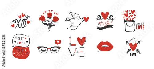 black and red hand drawn romantic love and heart icons set design elements on white background