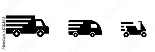 Delivery. Conjunto de iconos de buseta, camión, motocicleta. envíos y entregas de productos. Entrega a domicilio. Ilustración vectorial aislada en fondo blanco