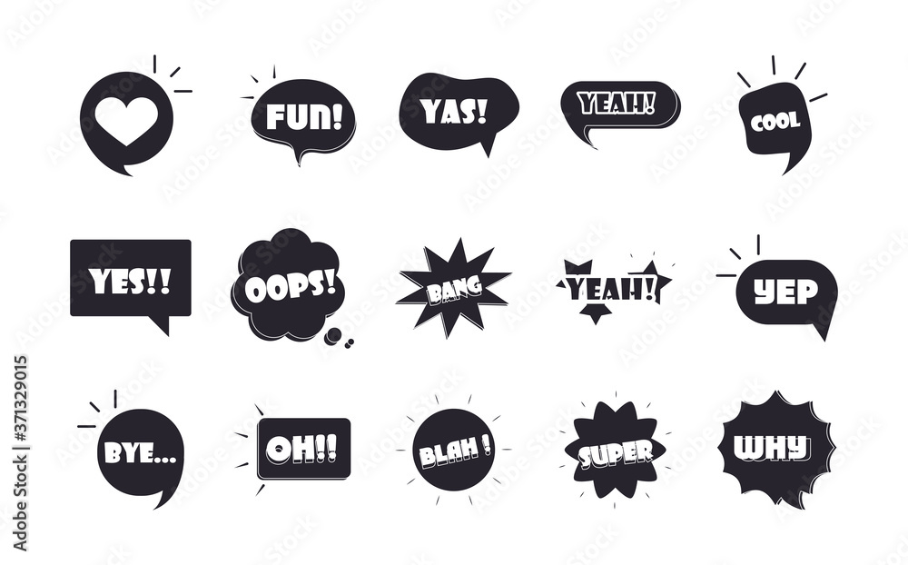Obraz premium slang bubbles different words and phrases in multicolor cartoon, cool sorry omg flat icons set
