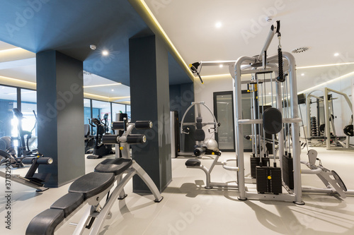 Interior of a hotel gym with equipment