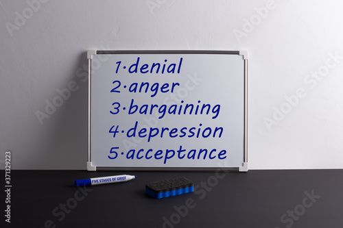 Whiteboard on black table with words: denial, anger, bargaining, depression, acceptance. Marker with inscription Five stages of grief. Kubler-Ross model.