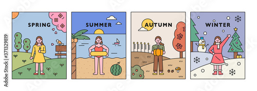 Four seasons background and symbolic characters. flat design style minimal vector illustration.