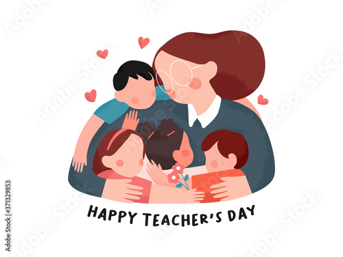Hand drawn Happy teacher's day poster background concept.Kids student giving hug and flower to her teacher. vector flat illustration creative graphic design