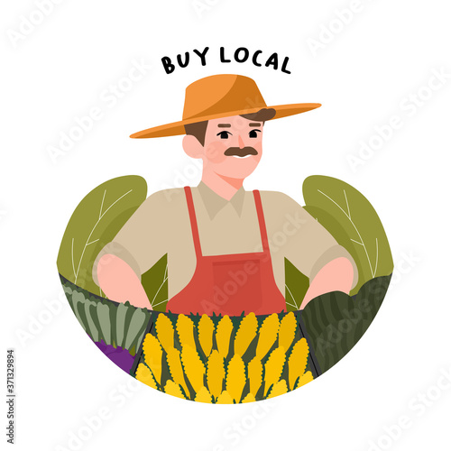 Farmer's Market flat design vector illustration. Support local farmers concept. Man standing at counter greengrocer's shop or marketplace selling autumn fruits vegetables. Happy Agricultural worker