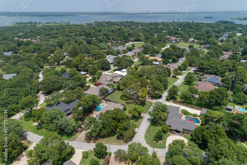 Aerial of Grapevine neighborhood near lake