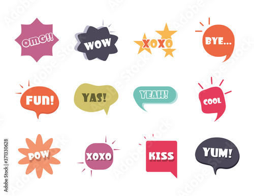 slang bubbles different words and phrases in multicolor cartoon, omg kiss bye flat icons set