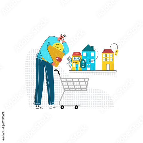 Vector flat illustration with man who buys house. He chooses between mortgage and cash on delivery. Concept of buying home, choosing payment. It can be used in web design, banners, posters, etc.