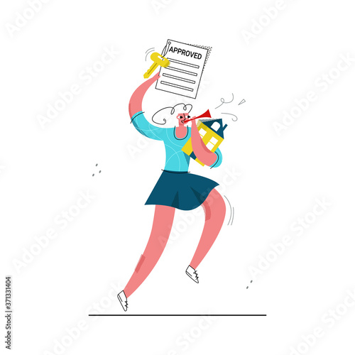 Vector flat illustration young happy woman who received approval for mortgage. She holds abstract house in her hand. Concept of buying home, mortgage, loan, investment. It can be used in web design, b