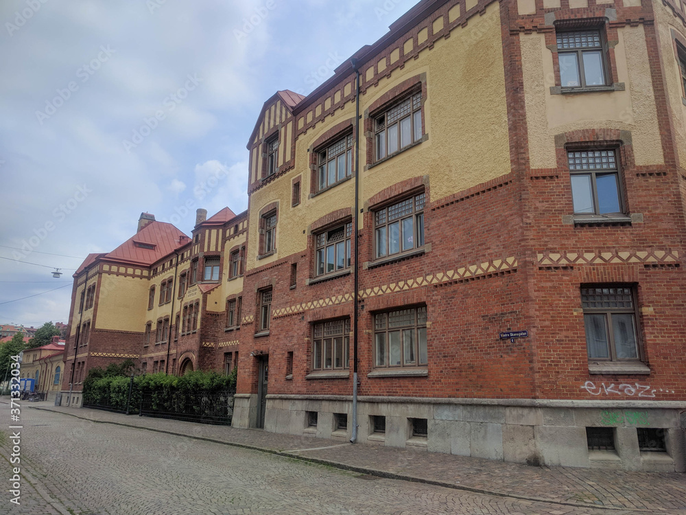 Gothenburg, Sweden - June 18 2019: the view of Haga district typical street on June 18 2019 in Gothenburg, Sweden. Gothenburg, Sweden - June 18 2019: the view of Haga district typical street on June 18 2019 in Gothenburg, Sweden.