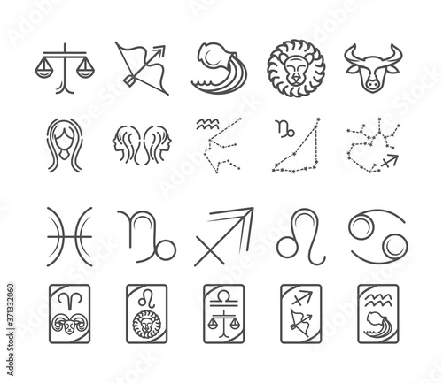 zodiac astrology horoscope calendar constellation aries sagittarius leo libra icons collection line style