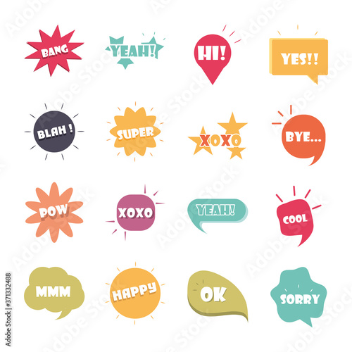 slang bubbles different words and phrases in multicolor cartoon, bang yes sorry yeah flat icons set