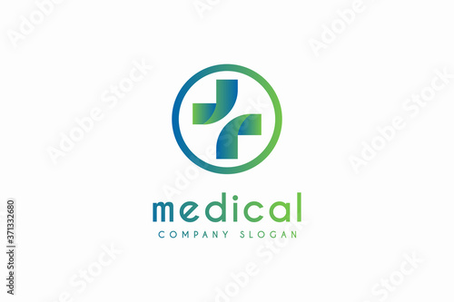 Abstract medical cross logo design. Color creative spiral vector logotype.