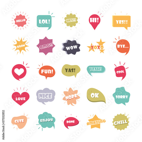 slang bubbles different words and phrases in multicolor cartoon, hello omg enjoy love flat icons set