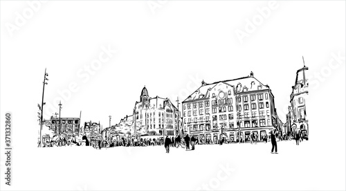 Building view with landmark of Amsterdam is the Netherlands’ capital, known for its artistic heritage. Hand drawn sketch illustration in vector.